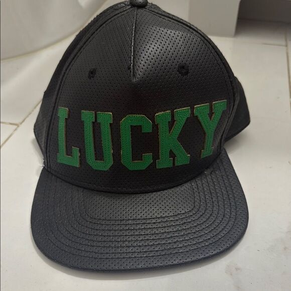Lucky Black and Green Leather Cap NEW Snap Adjust Hat Green Clover - Picture 1 of 3
